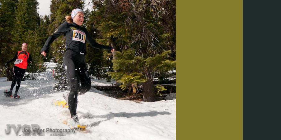 Brandy Erholtz competing in a snowshoe race.