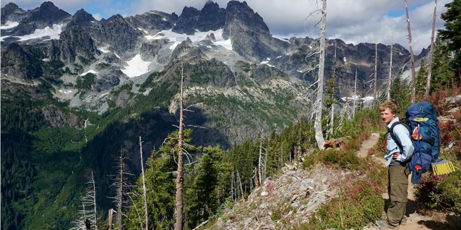 Andrew Miller on a trail while backpacking in Washington. 